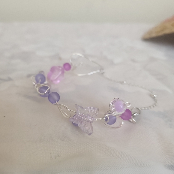 Silver Plated Holographic Butterfly Frosted Glass Wire Ball Chain Bracelet - Picture 12 of 14